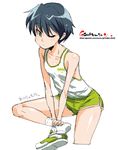  clothes_writing copyright_request cropped_legs flat_chest oekaki one_eye_closed onija_tarou shiny shiny_skin shoes short_hair shorts simple_background sneakers solo v_arms watermark web_address white_background 