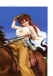  artbook blue_eyes breasts brown_gloves brown_pants copyright_request covered_nipples cowboy_hat crop_top fringe_trim gloves grey_panties happoubi_jin hat highres horse horseback_riding huge_breasts open_fly panties pants red_hair reins riding shirt sleeveless sleeveless_shirt solo underboob underwear western white_shirt 