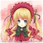 1girl bangs blonde_hair blue_eyes bonnet bow capelet dress drill_hair lolita_fashion lowres open_mouth red_capelet red_dress ribbon rozen_maiden shinku smile twintails 