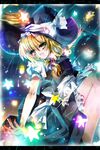  apron aquamarine bare_legs black_dress blonde_hair dress hat kirisame_marisa knees_up long_hair looking_at_viewer magic puffy_short_sleeves puffy_sleeves short_sleeves solo star touhou very_long_hair waist_apron witch_hat yellow_eyes 