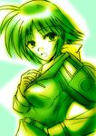  :d amy_limiette belt bow breasts eyebrows_visible_through_hair green hair_bow hand_on_own_chest long_hair long_sleeves looking_at_viewer low_ponytail lyrical_nanoha mahou_shoujo_lyrical_nanoha mahou_shoujo_lyrical_nanoha_a's medium_breasts monochrome open_mouth smile solo two-tone_background uniform zinno 
