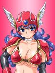  armor bikini_armor blue_eyes blue_hair breasts choker cleavage dragon_quest dragon_quest_iii elbow_gloves gloves helmet large_breasts long_hair purple_hair red_armor shoulder_pads soldier_(dq3) solo toushi_ryoku underboob upper_body winged_helmet 