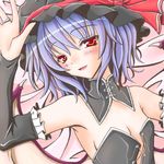  arm_garter armpits arms_up breasts cleavage collarbone detached_sleeves frills hat long_sleeves medium_breasts mob_cap red_eyes remilia_scarlet short_hair silver_hair solo touhou 