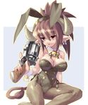  animal_ears bangs bell breasts brown_eyes brown_hair bunny_ears bunnysuit cleavage cow_ears cow_girl d: earrings extra_ears gun handgun horns jewelry jitome katahira_masashi large_breasts open_mouth original pantyhose pointy_ears revolver sitting solo tail weapon wrist_cuffs 