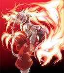  bad_id bad_pixiv_id bird fire fujiwara_no_mokou futami_kito hair_ribbon long_hair ofuda pants phoenix red_eyes ribbon shirt silver_hair smile solo suspenders touhou white_shirt 