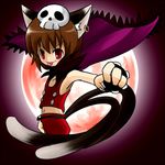  :p animal_ears brown_hair cape cat_ears cat_tail chen earrings halloween haro_(artist) jewelry lowres moon multiple_tails red_eyes red_moon short_hair skull solo tail tongue tongue_out touhou 