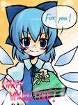  blue_eyes blue_hair bow breath cirno dirt english hand_on_hip happy_valentine haro_(artist) lowres short_hair smile solo touhou valentine wings 