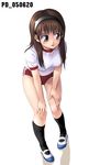  brown_hair buruma copyright_request gym_uniform hairband highres purple_eyes shinozuka_jouji solo 