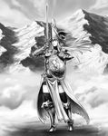  armor armored_boots armored_dress artist_request boots breastplate closed_eyes cloud day fantasy full_body gauntlets greyscale helmet holding holding_sword holding_weapon monochrome mountain original outdoors shield sky solo standing sword thighhighs unsheathed valkyrie weapon winged_helmet 