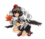  black_wings fan geta hat hauchiwa looking_away lowres notepad shameimaru_aya smile solo tako_(plastic_protein) tengu-geta tokin_hat touhou wings 