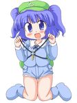  backpack bag blue_dress blue_eyes blue_hair blue_hat boots collar dress frills full_body geetsu hat kawashiro_nitori key kneeling long_sleeves looking_at_viewer paw_pose rubber_boots shorts simple_background smile solo touhou two_side_up white_background younger 