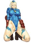  blonde_hair blue_leotard cammy_white cozy garrison_cap hair_pulled_back hat leotard necktie solo street_fighter twintails 