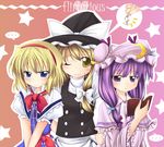  alice_margatroid apron blonde_hair blue_dress blush book bow bowtie braid dress expressionless hat holding holding_book jitome kirisame_marisa long_hair looking_at_viewer makino_(ukiuo) multiple_girls open_book patchouli_knowledge purple_eyes purple_hair red_bow red_neckwear short_hair single_braid speech_bubble star talking text_focus touhou upper_body v_arms very_long_hair waist_apron witch_hat 