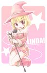  blonde_hair emurin fantasy_earth_zero hat microphone microphone_stand pink pink_background solo witch witch_hat 