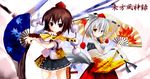  animal_ears brown_hair fan folding_fan geta hat inubashiri_momiji looking_at_viewer multiple_girls orange_eyes red_eyes shameimaru_aya short_hair silver_hair standing standing_on_one_leg tail tengu-geta tokin_hat touhou tsubasa_(abchipika) wolf_ears wolf_tail 