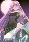 armpits bare_shoulders black_dress blindfold breasts chain collar collarbone detached_sleeves dress facing_viewer fate/stay_night fate_(series) from_below highres long_hair medium_breasts navel panties pantyshot purple_hair rider scan solo strapless strapless_dress tanaka_takayuki thighhighs underwear very_long_hair 