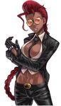  between_breasts braid breasts cleavage crimson_viper dark_skin glasses gloves highres large_breasts mature necktie necktie_between_breasts pompadour solo street_fighter street_fighter_iv_(series) tomoyohi 