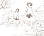  barefoot bridge brown monochrome multiple_girls nature original pleated_skirt rock school_uniform skirt stream traditional_media untucked wading yoshitomi_akihito 