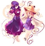  blonde_hair cis_(carcharias) hair_ornament hat leaf_hair_ornament moriya_suwako multiple_girls purple_hair red_eyes touhou yasaka_kanako 