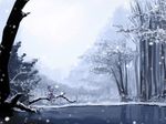  blue_hair cirno nature pe-tan pond scenery short_hair sitting snow solo touhou tree water wings winter 