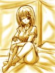  bed hair_ornament lyrical_nanoha mahou_shoujo_lyrical_nanoha_strikers monochrome one_eye_closed sitting smile solo x_hair_ornament yagami_hayate yellow zinno 