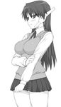  breasts greyscale highres large_breasts long_hair monochrome school_uniform serio shichimenchou skirt solo to_heart 