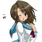  genderswap genderswap_(mtf) kita_high_school_uniform koizumi_itsuki_(female) lowres one_eye_closed school_uniform solo suzumiya_haruhi_no_yuuutsu yusya 