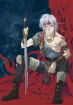  blood blue_eyes boots headband jewelry juu-ou-sei male_focus necklace night non-web_source solo sword tattoo thor_klein weapon white_hair 