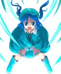  7c blue_dress blue_eyes blue_hair boots dress full_body kawashiro_nitori legs_apart long_sleeves looking_at_viewer pocket rubber_boots simple_background solo standing thighhighs touhou two_side_up white_background x_arms zettai_ryouiki 