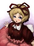  :o arms_at_sides blonde_hair blue_eyes bow bowtie buttons collar dress laboto long_sleeves looking_at_viewer medicine_melancholy open_mouth red_bow red_dress red_neckwear short_hair solo standing touhou 