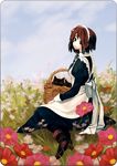  apron bad_id bad_pixiv_id basket blue_eyes boots bow brown_hair cat field flower flower_field large_bow looking_back maid maid_headdress original rounded_corners short_hair siro sitting solo 