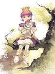  apple armor armored_dress boots brown_background crown dress earrings food fruit gauntlets gradriel greaves hair_up in_tree jewelry knee_boots miyama_waka princess_crown purple_eyes purple_hair short_hair sitting sitting_in_tree smile solo tree 