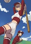  arms_up baseball baseball_bat baseball_uniform blonde_hair fuchida_kazuhiro glasses original solo sportswear thighhighs 