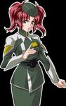  belt garrison_cap gundam gundam_seed gundam_seed_destiny hat meyrin_hawke military military_uniform purple_eyes red_hair simple_background solo takapiko twintails uniform 