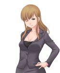  breasts cleavage formal hand_on_hip jacket large_breasts maria-sama_ga_miteru one_eye_closed pencil_skirt skirt skirt_suit smile solo suit toshifumi toudou_shimako 
