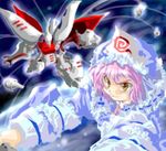  funnels gundam mecha parody pink_hair qubeley saigyouji_yuyuko solo touhou yellow_eyes zeta_gundam 