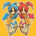  blue_eyes blue_hair blush blush_stickers boots cat's_cradle gen_3_pokemon gloves hitec minun moemon multiple_girls personification plusle pokemon pokemon_(creature) red_eyes red_hair siblings simple_background thigh_boots thighhighs twins twintails yellow_background 