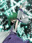  braid danmaku dress frog green_hair haro_(artist) kanji kochiya_sanae open_mouth purple_dress ribbon shiny shovel solo tongue touhou yellow_eyes 