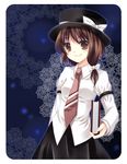  arm_garter black_skirt blue_background book bow brown_eyes brown_hair carrying dress_shirt hat hat_bow long_sleeves necktie shirt short_hair skirt smile solo takase_kanan touhou usami_renko white_bow white_shirt 