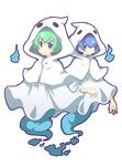  1girl bad_id bad_pixiv_id blue_eyes blue_hair ghost ghost_tail green_hair hood nekomatagi no_nose puyopuyo puyopuyo_fever rei-kun short_hair smile white_background yu-chan 