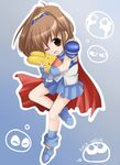  arle_nadja armor armored_dress blue_skirt brown_eyes brown_hair carbuncle_(puyopuyo) character_name grey_background hug kosumo madou_monogatari puyo_(puyopuyo) puyopuyo skirt 