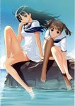  barefoot dress feet highres knees legs long_legs mizushima_asa multiple_girls sailor_dress scan scan_artifacts school_uniform sitting sitting_on_rock soaking_feet sora_no_iro_mizu_no_iro sorayama_natsume tanaka_takayuki thighhighs thighhighs_pull thighs water 