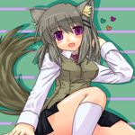  animal_ears bad_id bad_pixiv_id fang grey_hair hair_ornament hairclip heart hyena_ears hyena_tail kt2 lowres open_mouth purple_eyes school_uniform skirt socks solo tail torikoro yuzaki_tatami 