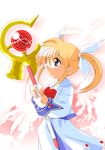  blue_eyes blush bow bowtie dress feathers long_hair long_sleeves lyrical_nanoha magical_girl mahou_shoujo_lyrical_nanoha raising_heart red_bow red_neckwear rod solo sphere staff takamachi_nanoha twintails upper_body white_dress yuumin 