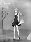  bare_shoulders bouquet breasts cleavage closed_mouth colorized dress expressionless feldt_grace flower fog full_body greyscale gundam gundam_00 hair_over_one_eye high_heels holding holding_bouquet long_hair low_twintails medium_breasts monochrome niwatori_kokezou no_socks outdoors rose shoes short_dress sleeveless sleeveless_dress solo standing tombstone twintails 