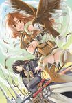  1girl :d belt bird black_hair boots brown_hair cloud crossed_arms day eagle fantasy feathers midriff open_mouth orange_eyes original sky smile sword thigh_boots thighhighs weapon yellow_eyes yuu_(yuyukaikan) 