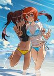  :d bikini blue_eyes brown_hair cloud condensation_trail cross_eyed day kikuchi_(xpoz) looking_at_viewer multiple_girls ocean open_mouth original outdoors red_eyes red_hair refraction scenery shirt shirt_tan shorts_tan side-tie_bikini sky smile swimsuit t-shirt tan tanline twintails v wading water 