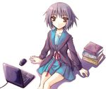  bangs blue_sailor_collar book cardigan computer kita_high_school_uniform laptop lowres nagato_yuki non-web_source sailor_collar school_uniform serafuku short_hair sitting solo suzumiya_haruhi_no_yuuutsu 