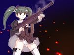  ammunition_belt bow caryo coyote_ragtime_show green_eyes green_hair gun machine_gun march_(coyote_ragtime_show) nanashino panties pantyshot side-tie_panties smoke smoking_gun solo thighhighs twintails underwear weapon wind wind_lift 