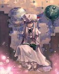  bac book hat patchouli_knowledge purple_hair reading sitting smile solo sphere touhou 